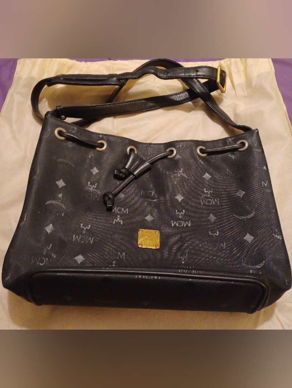 MCM Black Monogram Drawstring Shoulder Bag with Gold Plaque
